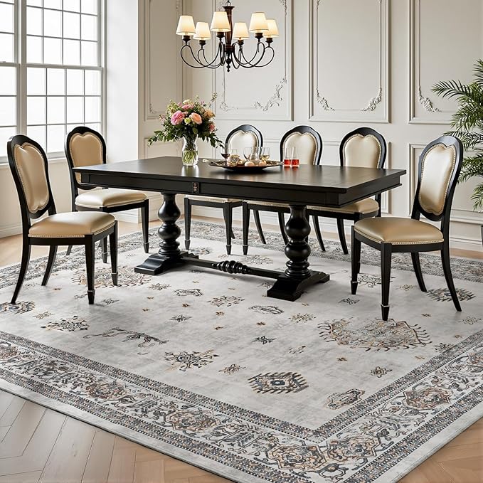 AMOAMI-Vintage Area Rug 6X9 Grey Rugs for Living Room-Soft Living Room Rug Non Slip Rugs for Bedroom Carpet Machine Washable Rug for Dining Room Bedside Office Room Decor