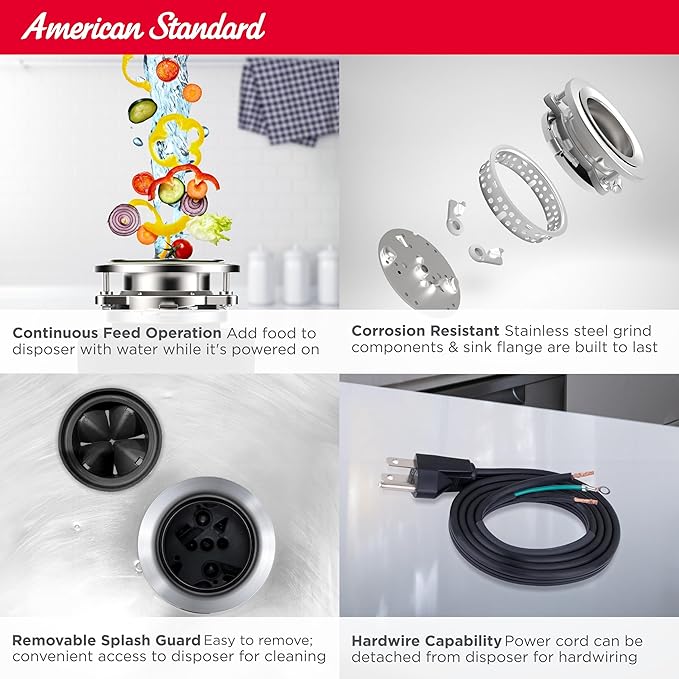 American Standard 10-US-AS-3 Garbage Disposal Anti-Jam Stainless Steel Food Waste Grinding System, Slim Line, 1/3 HP, Black