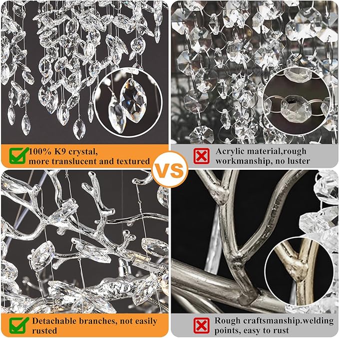 14-Light Modern Living Room Crystal Chandeliers,48" Round Silver Tree Branche Chandelier,Silver K9 Crystal Chandeliers for Dining Room,High Ceiling,Entryway、Foyer
