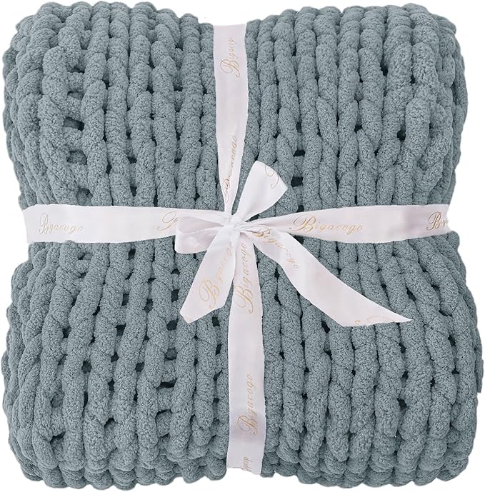 Bigacogo Chunky Knit Throw Blanket for Couch, 40x60 inches, 100% Hand Knitted with Thick Jumbo Chenille Yarn, Cozy Soft Large Rope Knot Cable Crochet Blankets for Sofa Bed Living Room, Dusty Blue