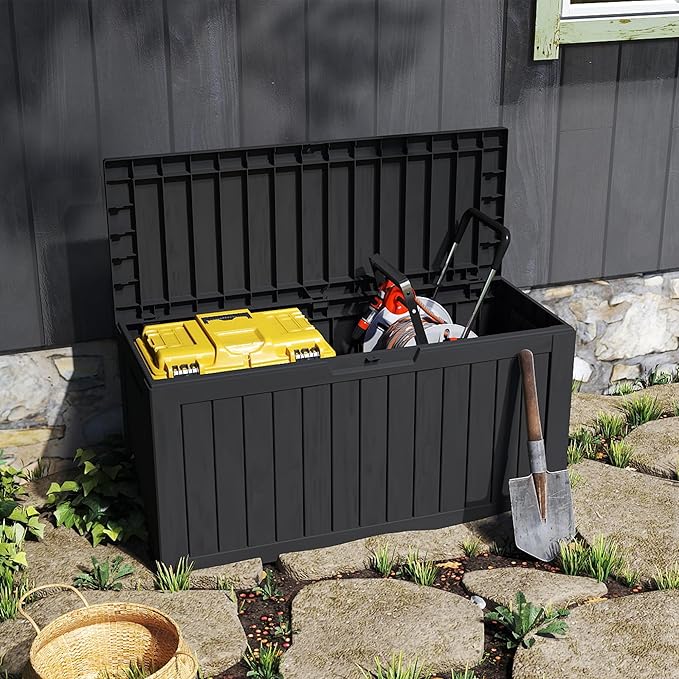 80 Gallon Outdoor Storage Box with Wheels, Waterproof Lockable Resin Deck Box Patio Storage Bin for Pool Accessories Cushion Furniture, Garden Tools, UV-Resistant Outside Delivery Black