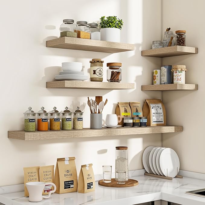 16 Inch Floating Shelves, 3D Textured Wood Grain, 16"x9.25"x1.5" Inch Deep Floating Shelves for Wall, Wooden Shelves for Bathroom, Bedroom, Living Room, Vintage White Oak