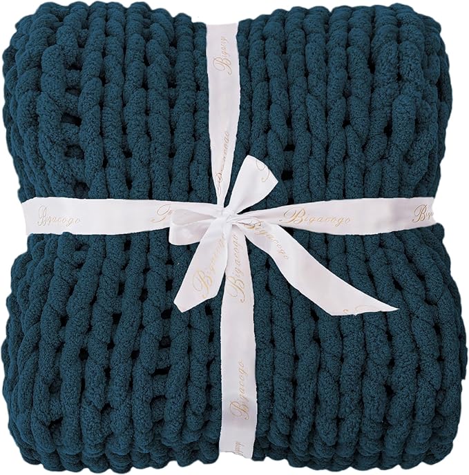 Bigacogo Chunky Knit Throw Blanket for Couch, 40x80 inches, 100% Hand Knitted with Thick Jumbo Chenille Yarn, Cozy Soft Large Rope Knot Cable Crochet Blankets for Sofa Bed Living Room, Deep Sea Blue