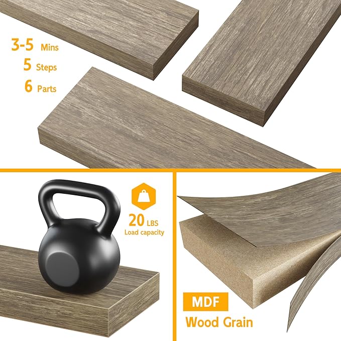 BAMEOS Floating Shelves,40 in W x 8in D Wall Mounted Wooden Shelves with Invisible Brackets Set of 3, Hanging Wall Shelves Decoration for Bedroom, Bathroom, Living Room and Kitchen