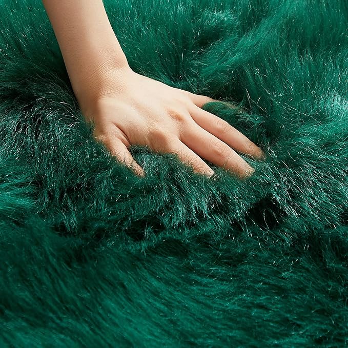 AMTOVO Faux Fur Rug, Dark Green Ultra Soft Fluffy Shag Sheepskin Rug, 2 x 6 ft Runner Area Rugs for Bedroom Sofa Throw Cushion Room Decor, Rectangle
