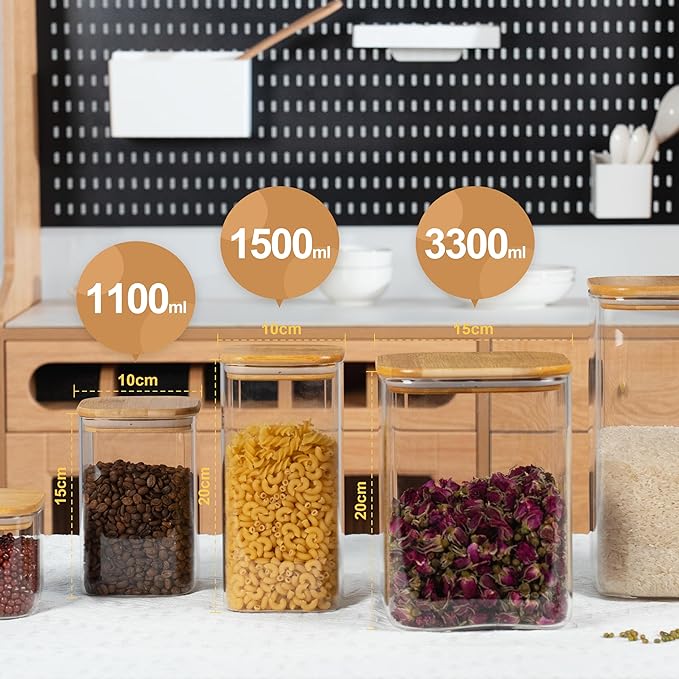 52oz Airtight Glass Square Storage Canister with Bamboo Lid Set of 3 (1550ml) Container Stackable Spice Jar, Kitchen Canister for Flour, Cookies, Cereal and Coffee beans (with Black Lable)