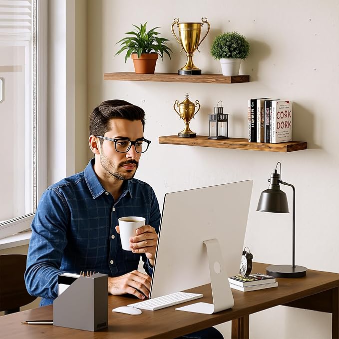BAMEOS Floating Shelf,Wall Shelf,Decor Wall Mounted Shelves,Hanging Shelf Set L24xW6 for Bathroom Kitchen Living,Kitchen,Room Bedroom Storage, Rustic Brown