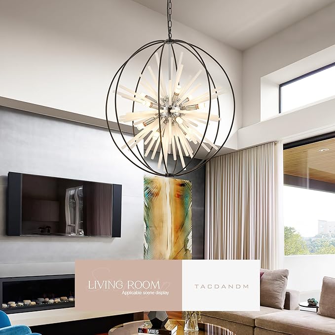 31.5" Black Chrome 16-Light Globe Sputnik Chandelier Modern Adjustable Hanging Ceiling Glass Tube Pendant Light Fixture for Entryway Foyer Stairway Dining Living Room Hallway