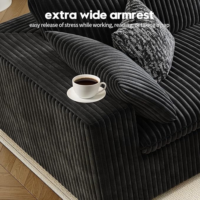 157.5" Cloud Couch Modular Sectional Sofa for Living Room,Modern Sofa with Deep Seat,4 Seater Boneless Couch,Comfy Upholstered Corduroy Couches for Apartment, Studio, Office,Bedroom,Black