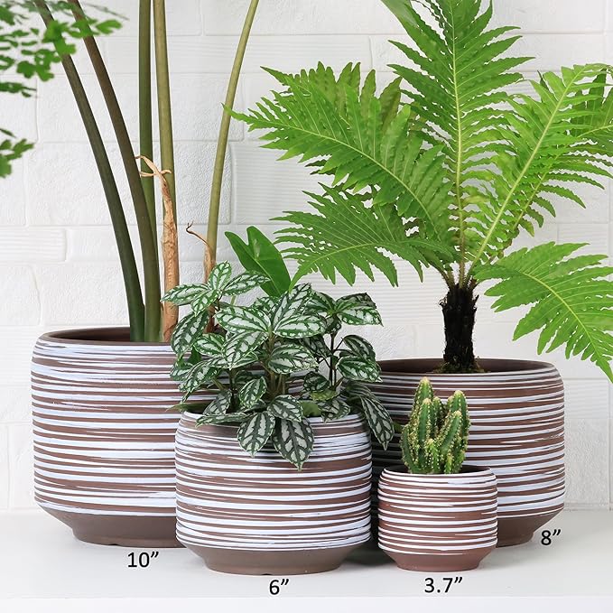 8 Inch + 6 Inch Ceramic Plant Pots Indoor with Drainage – Flower Pot Set, Decorative Indoor Planters for House Plants and Garden Use