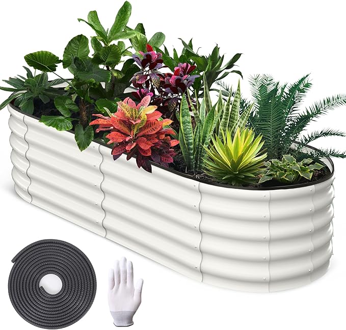 2 Pcs 6x3x1ft Oval Raised Garden Bed, Galvanized Raised Beds,Open-Ended Base Metal Raised Planter Beds,Garden Bed Outdoor,Planter Raised Boxes for Vegetables, Flowers,Tool-Free Asse,White