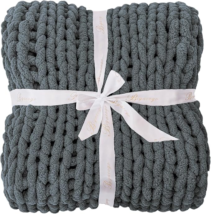 Bigacogo Chunky Knit Throw Blanket for Couch, 60x80 inches, 100% Hand Knitted with Thick Jumbo Chenille Yarn, Cozy Soft Large Rope Knot Cable Crochet Blankets for Sofa Bed Living Room, Iron Gray