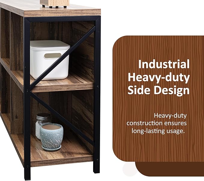 8 Cube Storage Organizer Bookshelf, Industrial Horizontal Bookcase, Accent Cubby Shelf, Media Console Table for Living Room, Home Office, 63 Inches, Light Oak