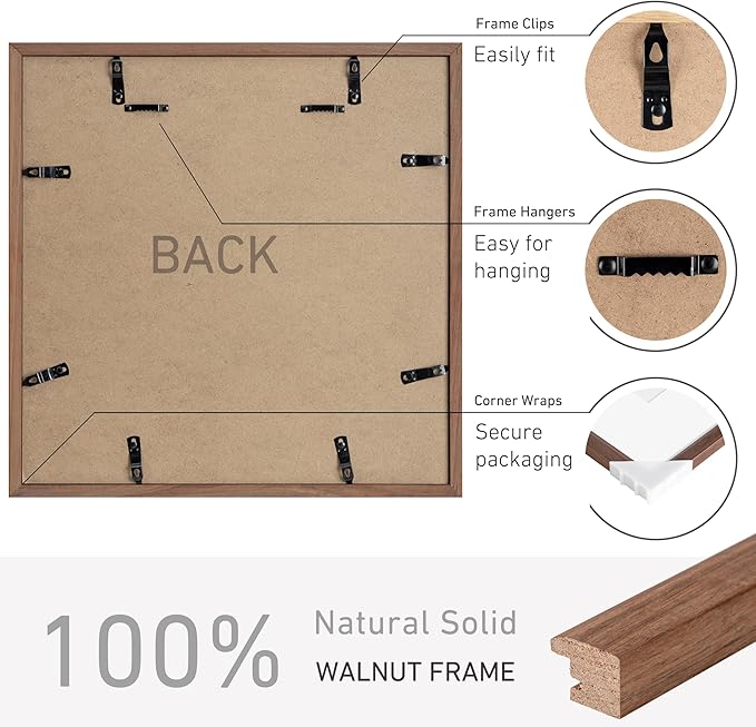 16x16 Picture Frame Natural Solid Walnut Photo Frames with 12x12 Removable Mat Wall Hanging Large Handcrafted Frame with HD Plexiglass Wall and Tabletop Display Large Poster Frame