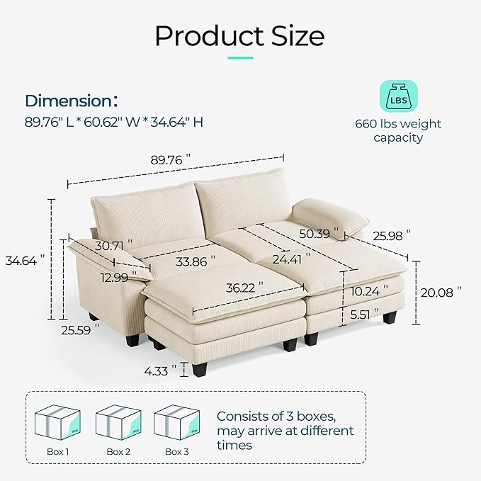 LINSY HOME Sectional Sleeper Sofa - 90'' Modular Cloud Couch Oversized Corduroy Sofa Bed with Movable Ottoman Soft Modern Comfy Couch Set for Living Room Apartment Office, Beige
