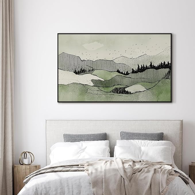 SIGNWIN 36"x60" Extra Large Framed Wall Art Green Line Art Mountain Landscape Illustration for Home Living Room Bedroom Decor (Frame Assembly Required)