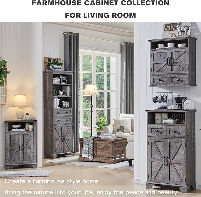 Bathroom Floor Cabinet, Farmhouse 24" Wide Cabinet with Drawer, Adjustable Shelf, Barn Doors, Cabinets for Bathroom, Kitchen, Living Room, Grey Wash