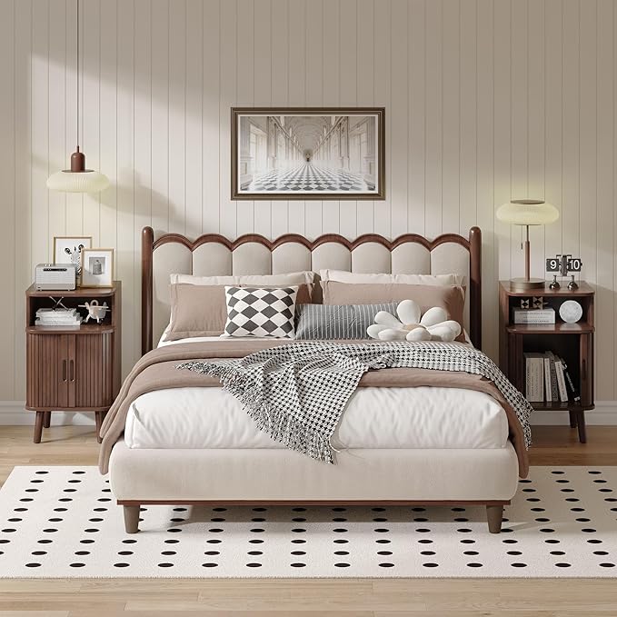 Alohappy Mid Century Modern End Table with Sliding Tambour Door, Fluted Wood Nightstand, Curved Round Edge Side Table with Storage Cabinet for Bedroom, Living Room, Walnut