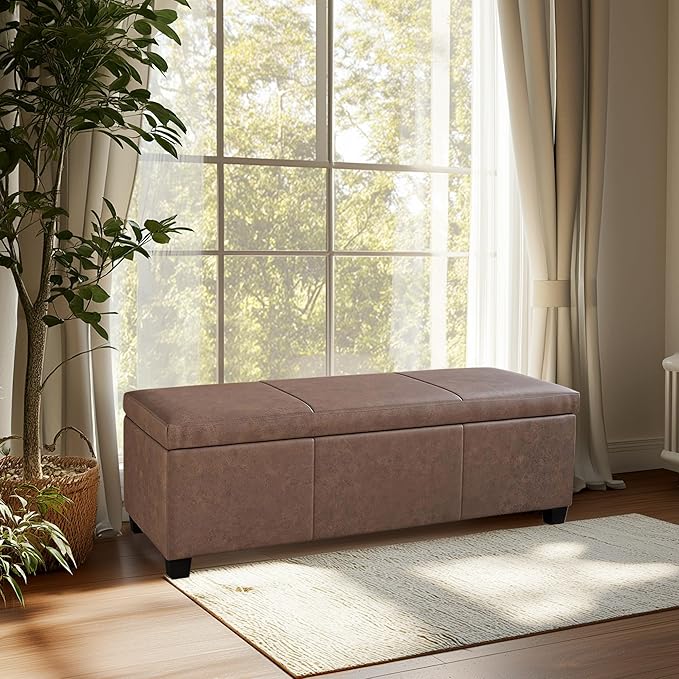 BELLEZE 47 Inch Storage Ottoman, Faux Leather Storage Bench Bedroom Bench with Safety Close Hinge, Ottoman with Storage for Living Room, Entryway, Hallway, Foot Rest, Support 300lbs - Rustic Brown