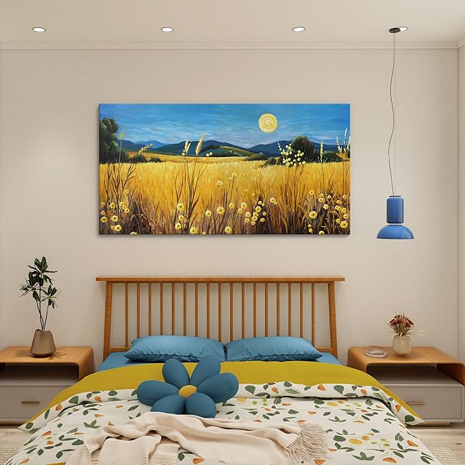 AJAZIKO Landscape Wall Art Moon Framed Canvas Wall Art Large Yellow Living Room Wall Decor Fall Paintings for Bedroom Nature Office Artwork 24×48IN