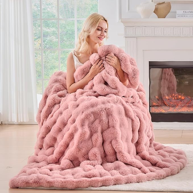 BENVWE Faux Fur Throw Blanket for Couch Bed - Fluffy Soft Thick Bubble Blanket for Living Room Home Decor - Mothers Day Birthday Gifts for Women, Dusty Pink, 63" x 80"