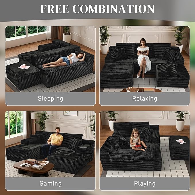 Modular Sectional Sofa Cloud Sectional Couch, 107" Comfy Fluffy U Shaped Black Couches for Living Room, Deep Seat Memory Foam Plush Corduroy Boneless Couch Sectionals with Left Facing Chaise Sofa