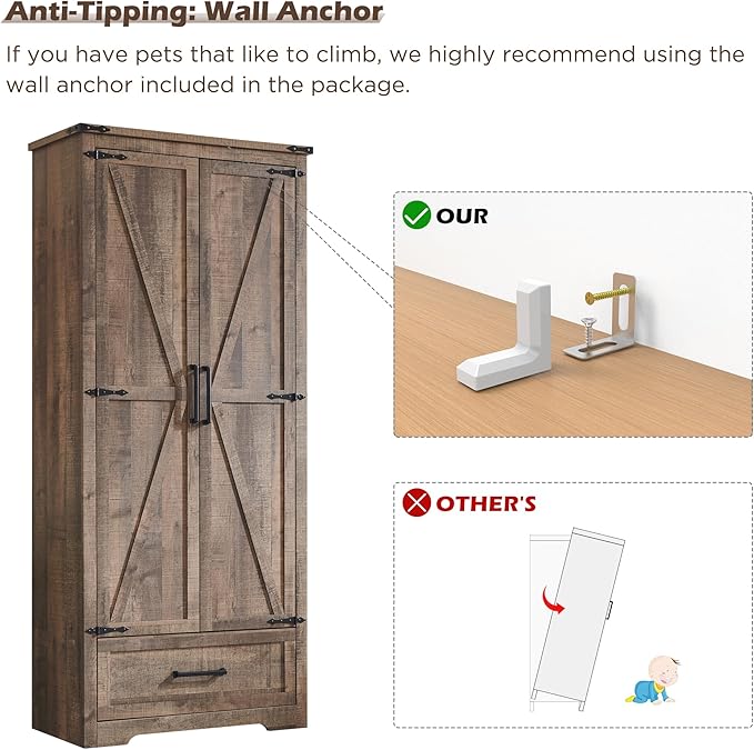 72" Tall Wood Storage Cabinet, Farmhouse Kitchen Pantry Cabinet with Adjustable Shelves & Drawer & Barn Doors, Versatile Storage for Kitchen, Dining Room, Bathroom, Light Brown