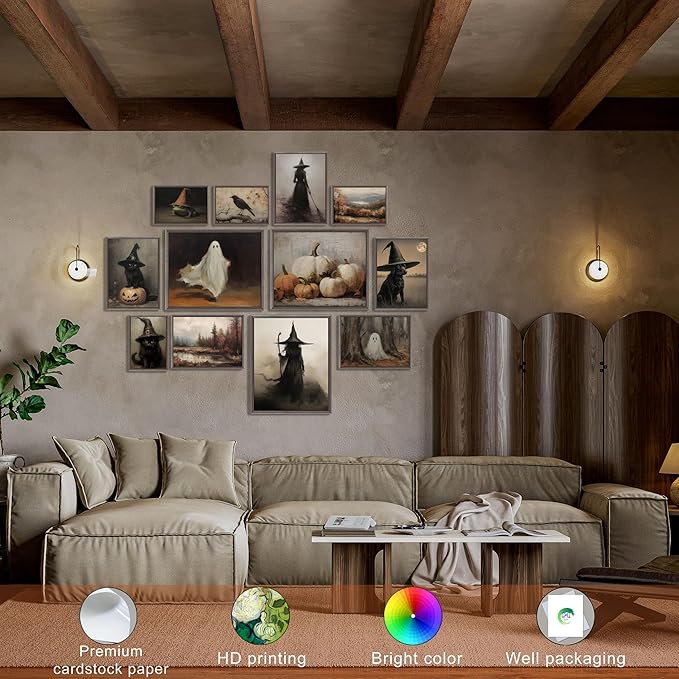 LANCHI95 12 Pcs Halloween Wall Art Prints, Vintage Witch Posters, Cute Ghost Pictures for Bedroom Decor (UNFRAMED)