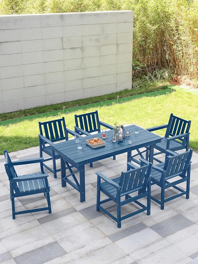 7 Pieces HDPE Outdoor Dining Set, Patio Dining Set with Umbrella Hole, All Weather Outdoor Dining Table Sets for 6, HDPE Patio Furniture Sets for Deck, Backyard, Lawn, and Poolside, Navy