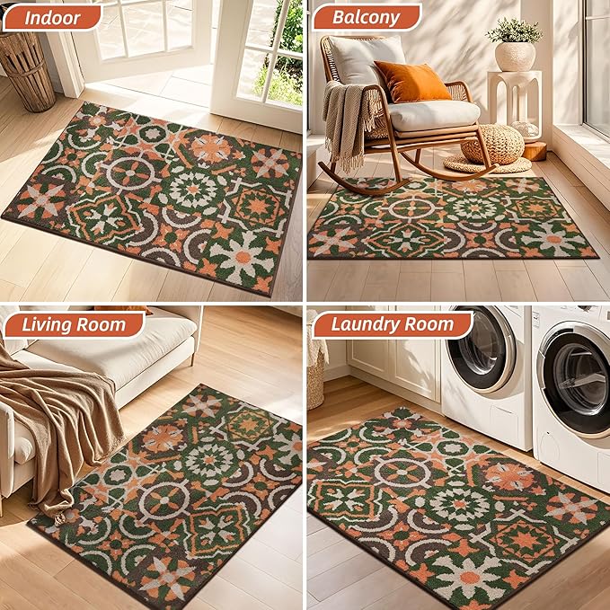 BEQHAUSE Dirt Trapper Door Mat 24" x 36", Non-Slip Entryway Rugs Washable, Floor Mat Stain Resistant and Absorbent Welcome Mat for Front Back Door, Muddy Wet Shoes & Paws, Boho Geometric Floral