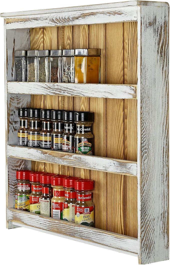MyGift 3 Tier Wall Mounted Spice Rack, Shabby White Washed and Rustic Natural Burnt Solid Wood Kitchen Pantry Storage Shelf for Seasoning Jars or Condiment Bottles