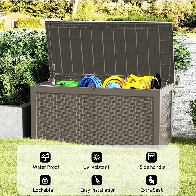 320 Gallon Outdoor Storage Box Patio Deck Box Waterproof, Resin Lockable Outside Large Storage Bin for Pool Cushion Furniture, Garden Tools UV-Resistant, Grey