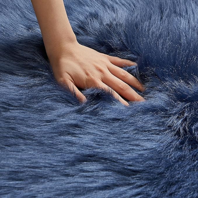 AMTOVO Faux Fur Rug, Dark Blue Ultra Soft Fluffy Shag Sheepskin Rug, 2 x 6 ft Runner Area Rugs for Bedroom Sofa Throw Cushion Room Decor, Rectangle