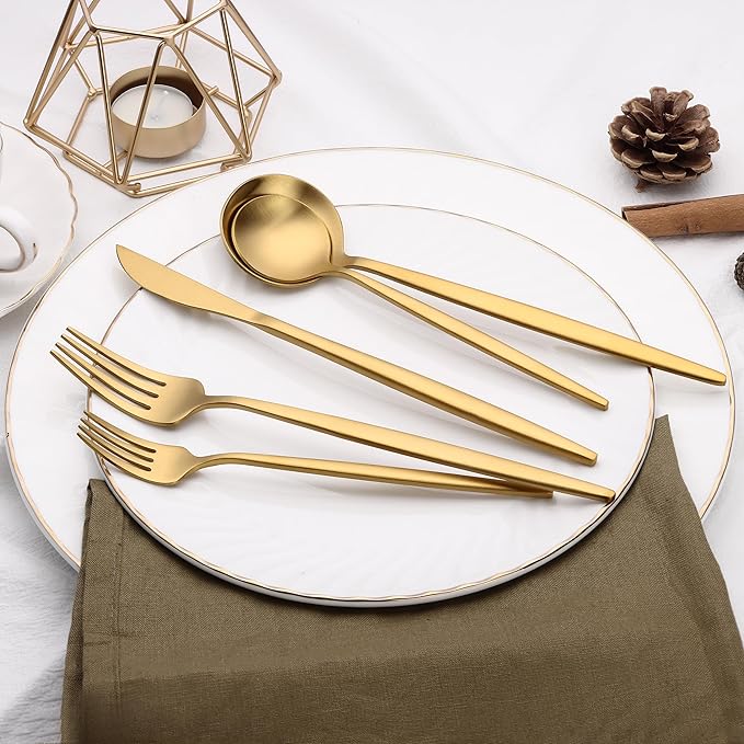 20 Piece Gold Silverware Set for 4, Terlulu Stainless Steel Flatware Set, Gold Cutlery Set Utensils Set, Tableware Include Forks Knives Spoons for Home Kitchen Restaurant Wedding, Satin Finish