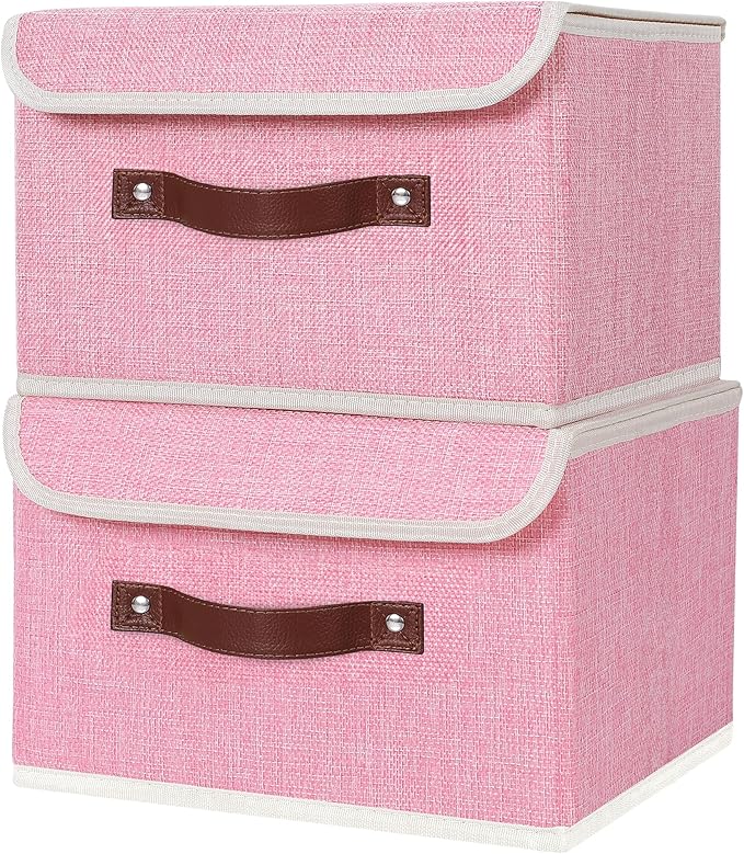ANMINY 4PCS Storage Bins with Lid PU Leather Handles Storage Boxes PP Plastic Board Decorative Foldable Lidded Cotton Linen Fabric Home Cubes Baskets Closet Organizer Containers - Pink, Small Size