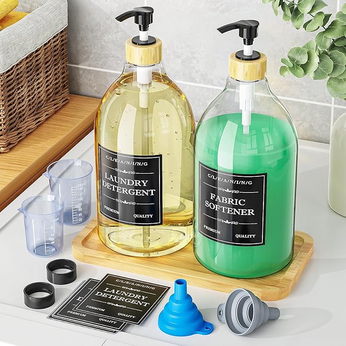 Moforoco Liquid Laundry Detergent Dispenser with Bamboo Tray, 2 Pack 64 Oz Plastic Laundry Soap Dispenser, Fabric Softener Dispenser with Pump and Labels for Laundry Room Decor and Organization