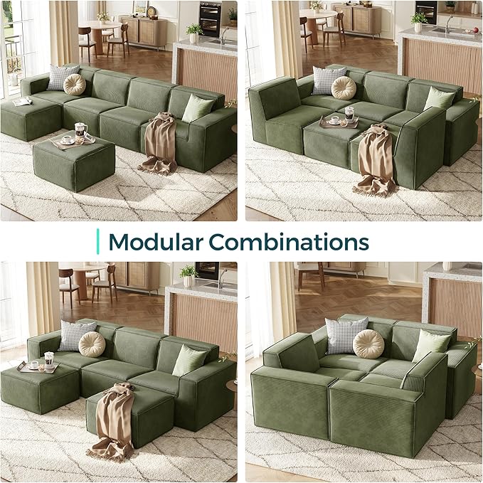 LINSY HOME Modular Sectional Sofa, 134" Boneless Couch L Shaped 4-Seat Sofa with Movable Ottoman, Corduroy Sectional Cloud Couches for Living Room, No Assembly Required, Green