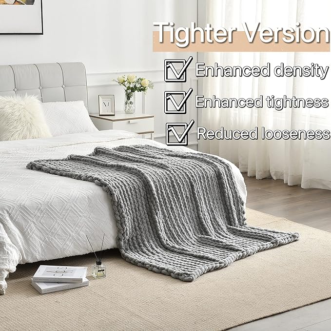 Maetoow Tighter Version Chenille Chunky Knit Blanket Throw (50×60 Inch), Handmade Warm & Cozy Blanket Couch, Bed, Home Decor, Soft Fleece Banket, Boho Thick Blankets and Giant Yarn Throws,Light Grey