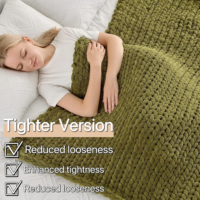 Maetoow Tighter Version Chenille Chunky Knit Blanket Throw 60×80 Inch, Handmade Warm & Cozy Blanket Couch, Bed, Home Decor, Soft Fleece Banket, Boho Thick Blankets and Giant Yarn Throws,Olive Green
