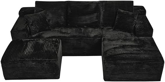Modular Sectional Sofa Cloud Sectional Couch, 107" Comfy Fluffy U Shaped Black Couches for Living Room, Deep Seat Memory Foam Plush Corduroy Boneless Couch Sectionals with Right Facing Chaise Sofa
