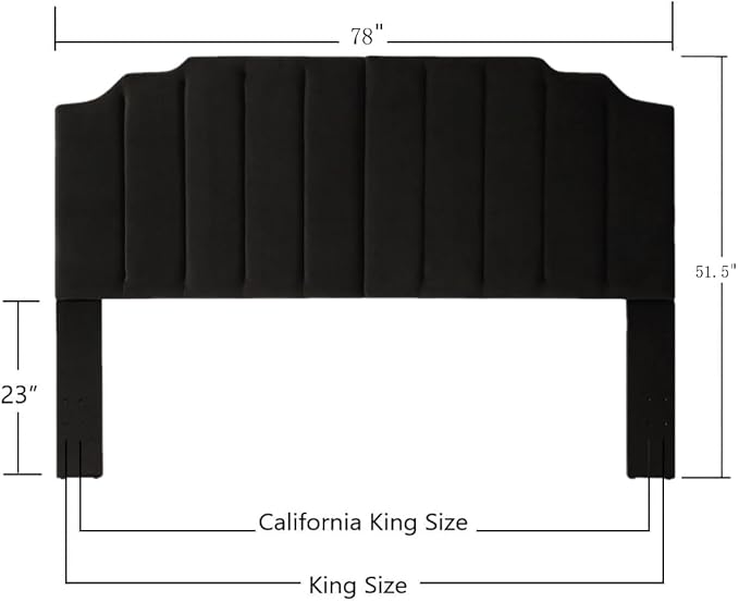 24KF Black Velvet Tufted King Upholstered Headboard, Modern Vertical Channel Design California King Headboard with Stepped Silhouette Top Edge,Black