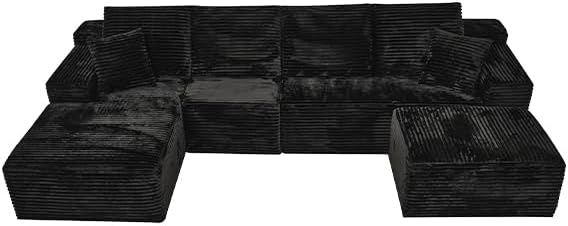 Modular Sectional Sofa Cloud Sectional Couch, 135" Comfy Fluffy U Shaped Black Couches for Living Room, Deep Seat Memory Foam Plush Corduroy Boneless Couch Sectionals with Left Facing Chaise Sofa