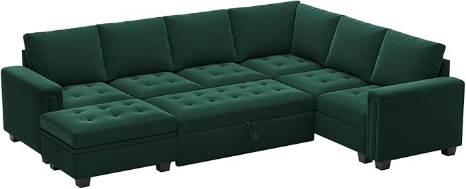 Belffin Modular Sectional Sleeper Sofa with Pull Out Bed U Shaped Sectional Sofa Couch with Storage Ottoman Velvet Covertible 7-Seater Sofa for Living Room Green