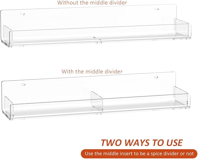 Acrylic Wall Spice Rack Organizer, Seasoning Rack Shelf Organizer, Clear Wall Mounted Spice Rack Condiment Organizer with Additional Removable Middle Divider, 4 Pack…