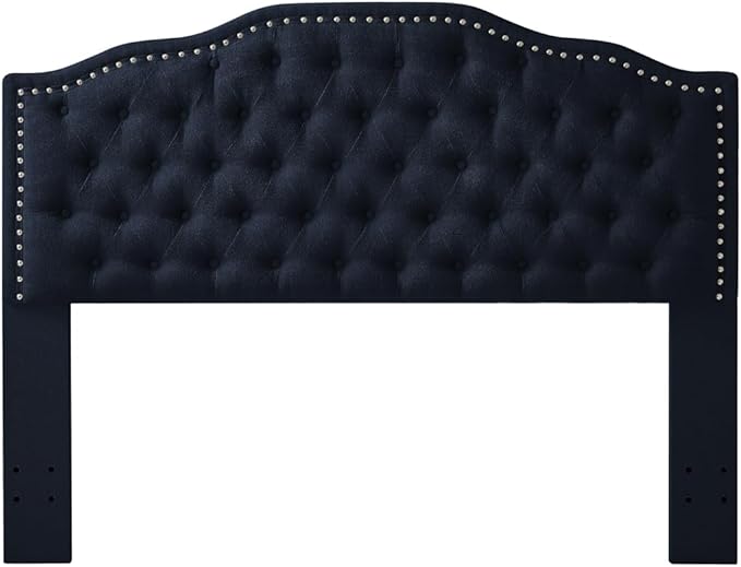 24KF Upholstered Button Tufted Queen Headboard with Nailhead Trim, Elegant Boucle Fabric Full headboard, 6031-Q-Boucle-Navy