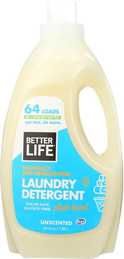 BETTER LIFE Laundry Detergent - Concentrated Liquid Laundry Soap for Automatic Washing Machine - Gentle Unscented Laundry Supplies for Sensitive Skin - 64oz