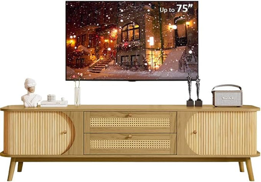 Merax Modern Fluted TV Stand for 75" TVs, Mid-Century Entertainment Center Tambour Door Media Console TV Cabinet with Rattan-Front Drawer for Living Room, Curved Profile Design