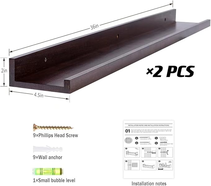 AZSKY Floating Picture Ledge 36 Inch Wall Mount Floating Shelves Long Wood Floating Book Shelves for Kids Room Wall Shelves for Bathroom Decor Deep Walnut Set of 2