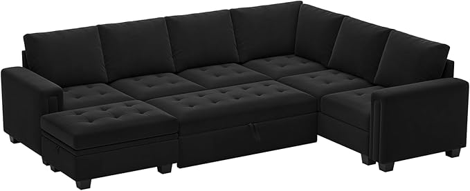 Belffin Modular Sectional Sleeper Sofa with Pull Out Bed U Shaped Sectional Sofa Couch with Storage Ottoman Velvet Covertible 7-Seater Sofa for Living Room Black