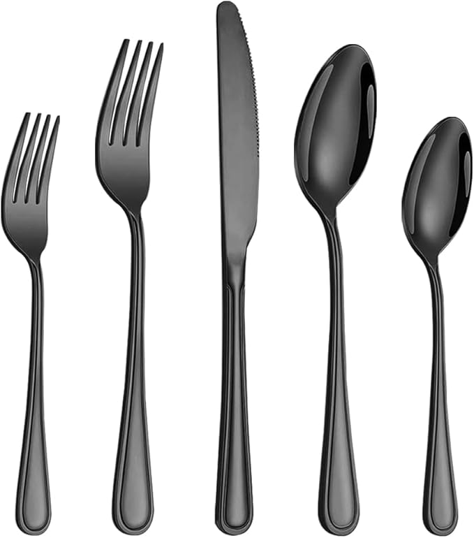 20 Pcs Black Silverware Set for 4 with Simple Striped Handle Design, Food Grade Stainless Steel Flatware Set, Eating Utensils Sets Include Fork/Knife/Spoon, Cutlery Set, Dishwasher Safe